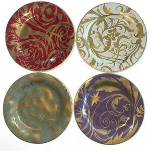 Pottery Barn Jewel Plates 9" Holiday Gold Florentine Birds Lot Of 4